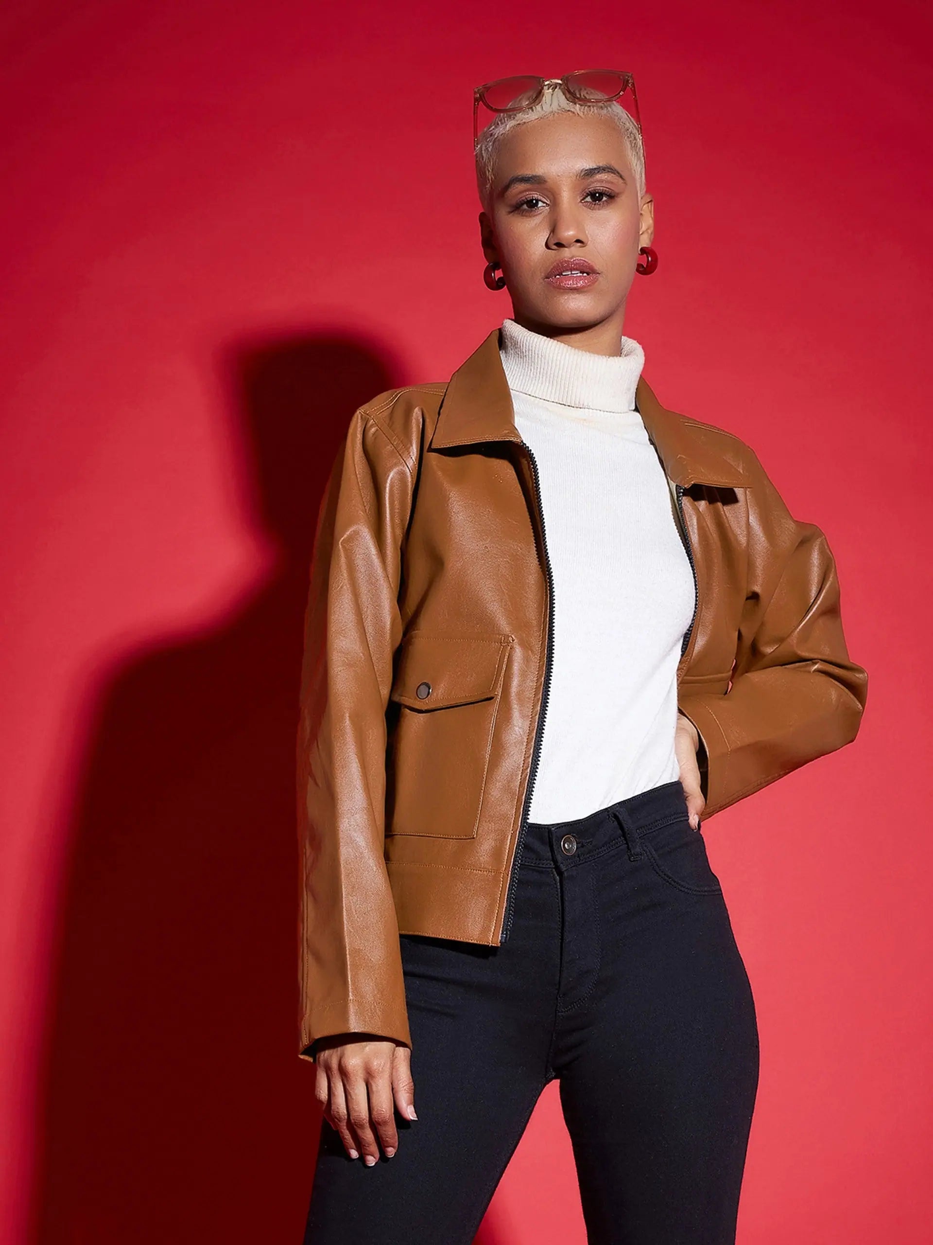 Women Solid Standard Brown Collared Neck Full Sleeve Jacket Insulated Jacket Fitted Jacket Loose Jacket