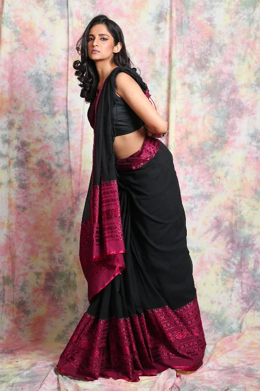 Women's Black Begampuri  Cotton Saree With  Skirt Border - In Weave Sarees linen skirt natural