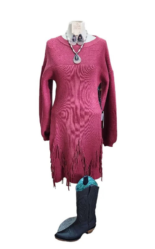 MAROON SWEATER FRINGE DRESS Wool Sweater Cotton Sweater Cashmere Sweater
