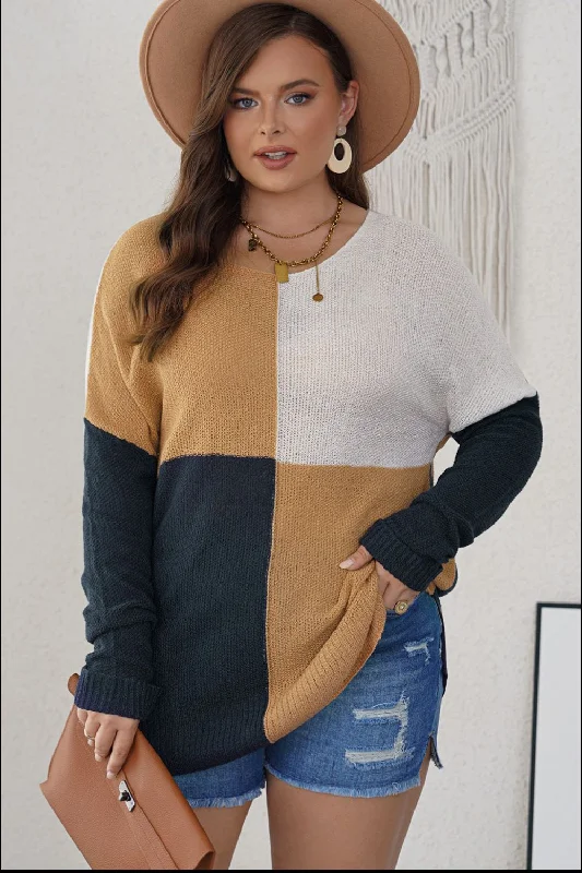Plus Size Color Block Round Neck Sweater Houndstooth Herringbone Solid