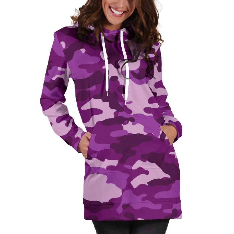 Dark Purple Camouflage Print Pullover Hoodie Dress
