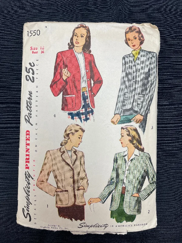 1945 Simplicity 1550 Pattern - Jacket Anorak Shell Jacket Lightweight Jacket