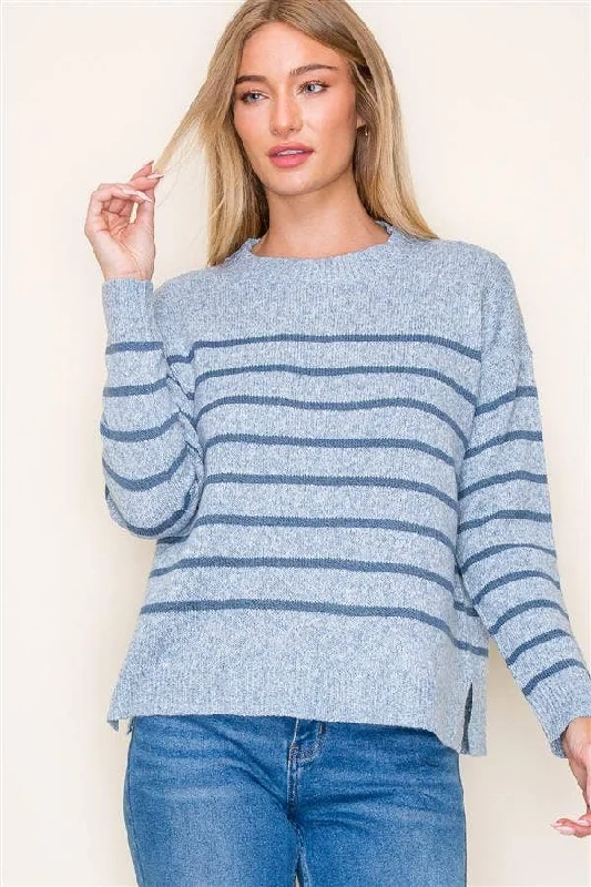Striped Crew Neck Pullover Sweater with Side Slits in Denim Chunky Knit Pullover