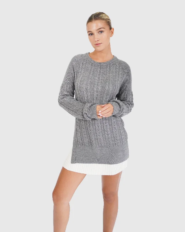 At Last Cable Knit Jumper with Slit - Grey Marle