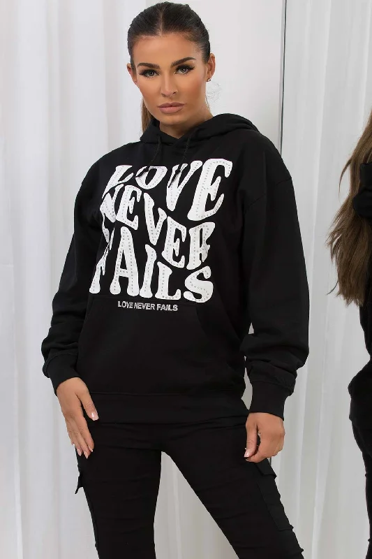 Oversized Hoodie With Love Never Fails Slogan Black