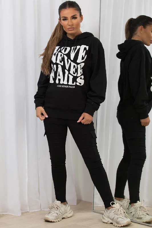 Oversized Hoodie With Love Never Fails Slogan Black