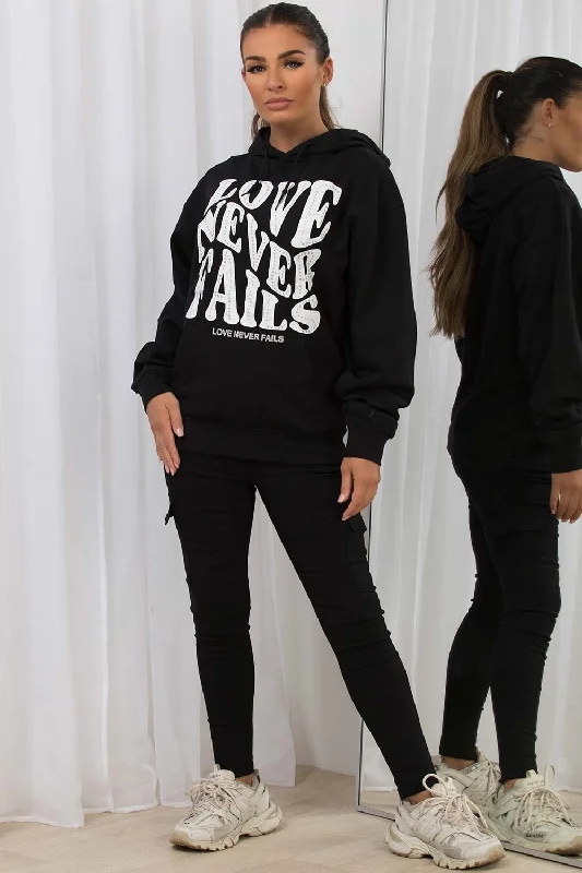 Oversized Hoodie With Love Never Fails Slogan Black