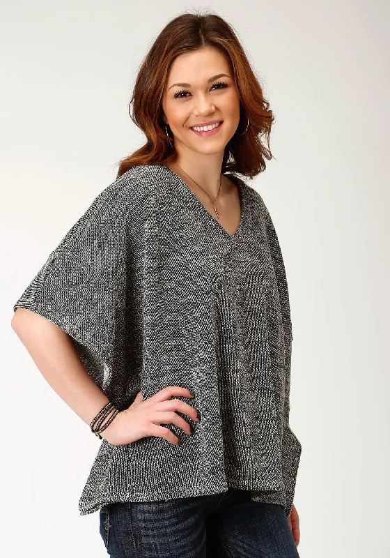 Roper Womens Black/White Cotton Blend V-Neck Poncho Sweater