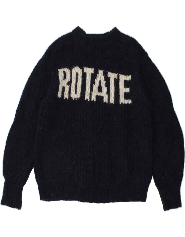 ROTATE Womens Graphic Crew Neck Jumper Sweater UK 10 Small Navy Blue Wool