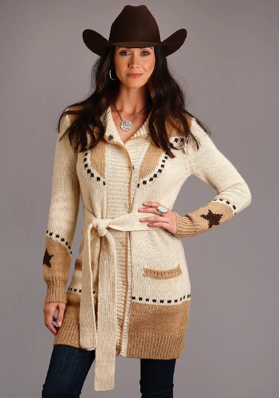 Stetson Womens Cream/Tan Wool Blend Belted Sweater Cardigan