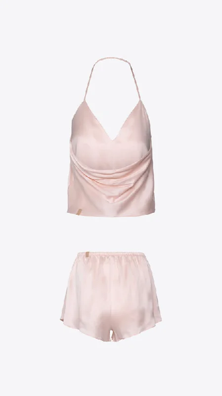 Washable Silk Halter Tank Short Set - Frosted Rose