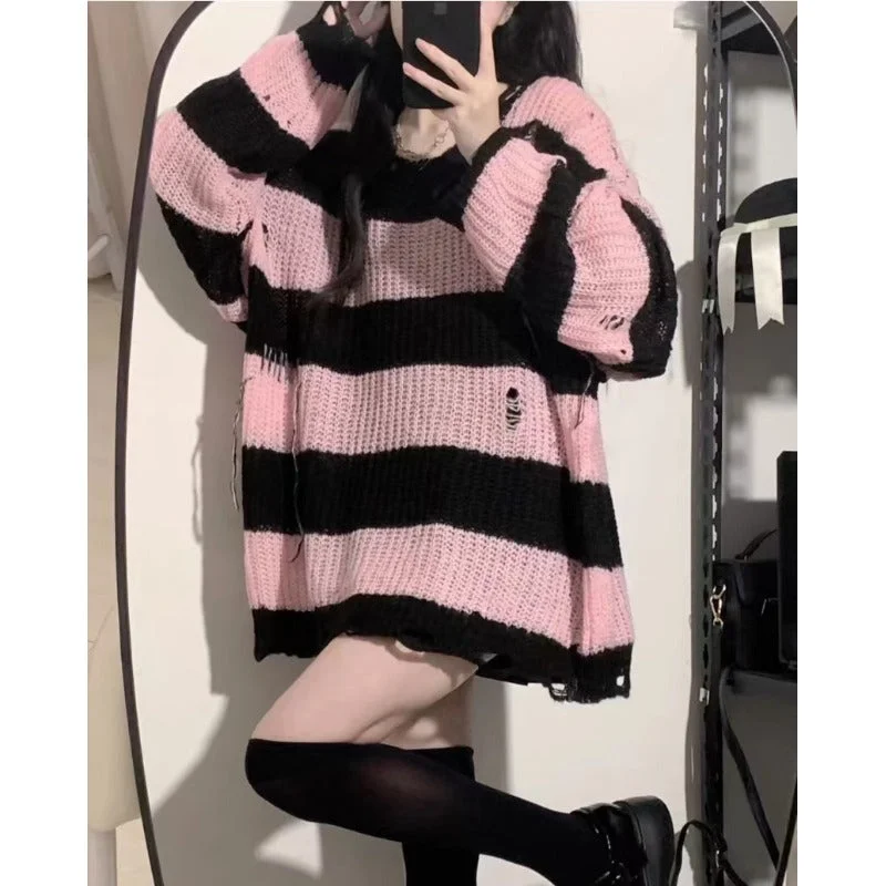 Women's Korean Style Ripped Striped Sweater