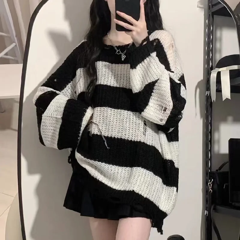 Women's Korean Style Ripped Striped Sweater