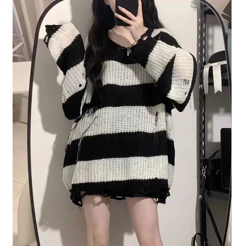 Women's Korean Style Ripped Striped Sweater