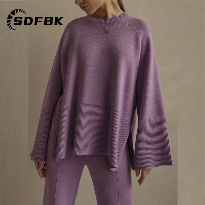 Znbbw Sweater 2 Piece Set Women 2023 Winter Side Slit Long Sleeve Top with Wide Leg Pants Knitting Trousers Suit Solid Outfits