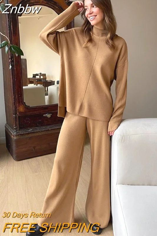 Znbbw Sweater 2 Piece Set Women 2023 Winter Side Slit Long Sleeve Top with Wide Leg Pants Knitting Trousers Suit Solid Outfits