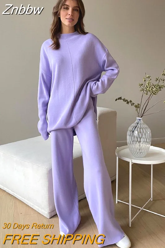 Znbbw Women 2 Piece Sets Pullovers Knitted Sweater 2023 Autumn Winter Long Sleeve Pullover with Knitted Wide Leg Pants Female Suits