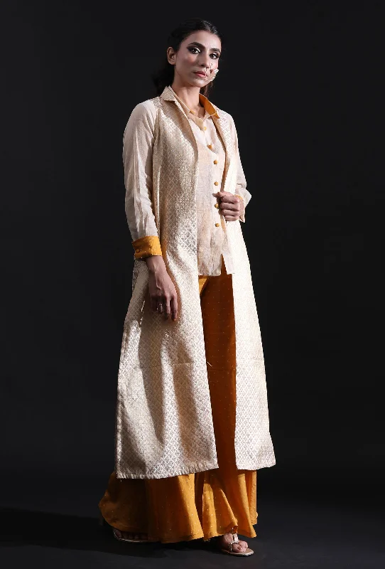 All Over off-White & Gold Buta Woven Brocade Long Jacket