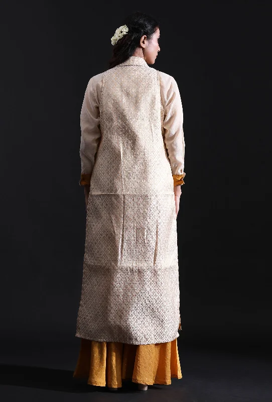 All Over off-White & Gold Buta Woven Brocade Long Jacket