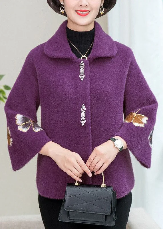 Beautiful Purple Square Collar Floral Mink Hair Knitted Coats Winter