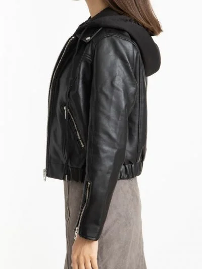 Black Lapel Collar Leather Jacket for Women