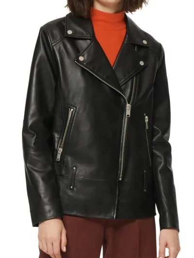 Black Lapel Collar Leather Jacket for Women