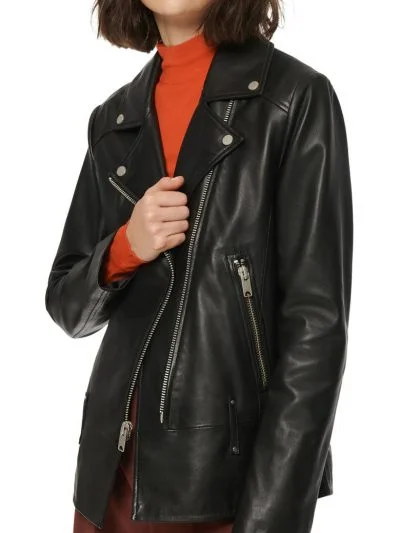 Black Lapel Collar Leather Jacket for Women