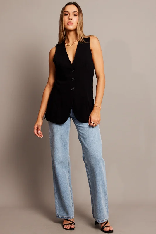 Black Linen Vest Longline V neck