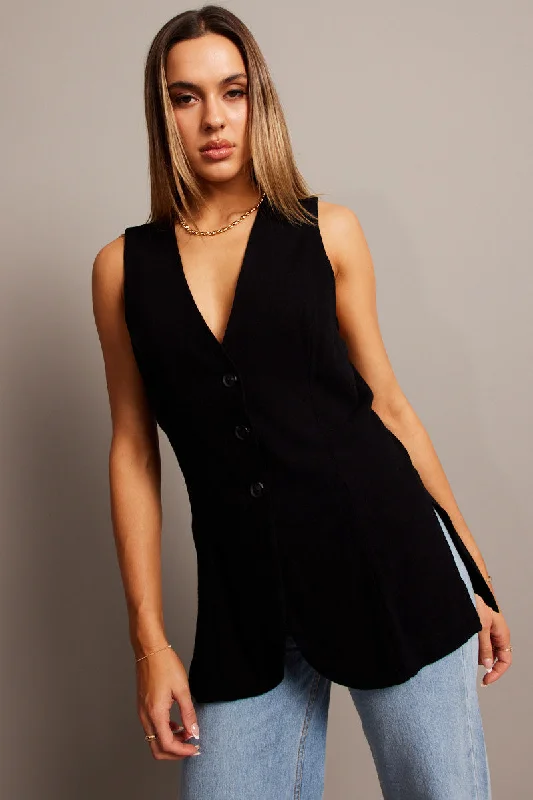 Black Linen Vest Longline V neck