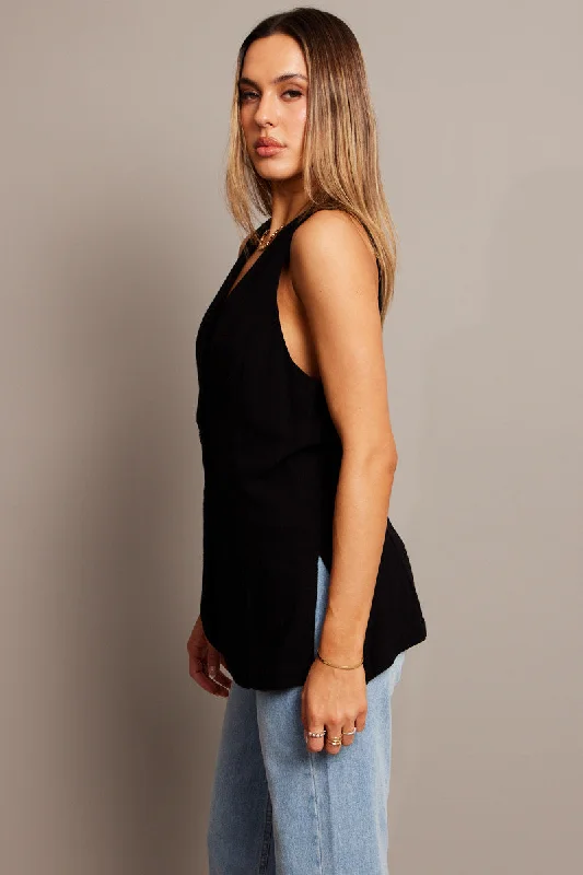 Black Linen Vest Longline V neck