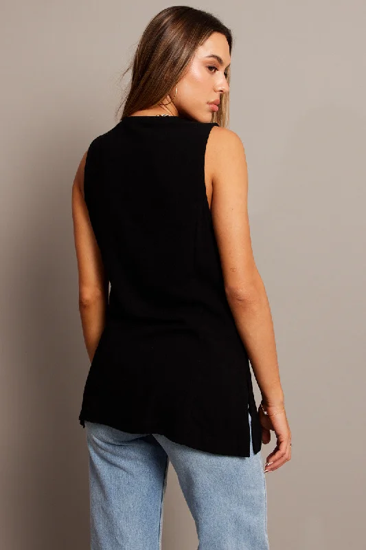 Black Linen Vest Longline V neck