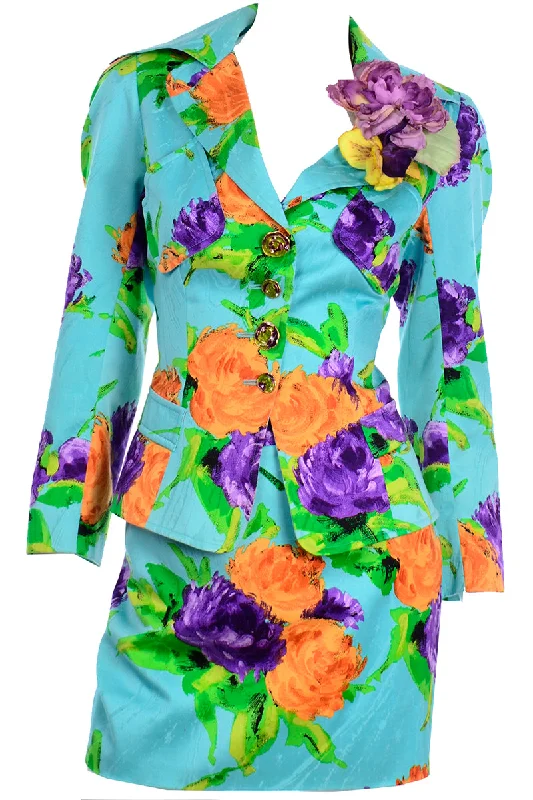 Christian Lacroix Vintage Blue Skirt Suit With Bold Orange and Purple Flowers