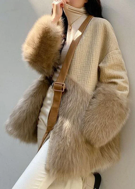 Classy Khaki V Neck Fuzzy Fur Fluffy Patchwork Leather And Fur Coat Long Sleeve