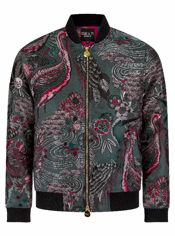 Soot and Ty Grey Crane Stone Garden Jacquard Unisex Bomber Jacket