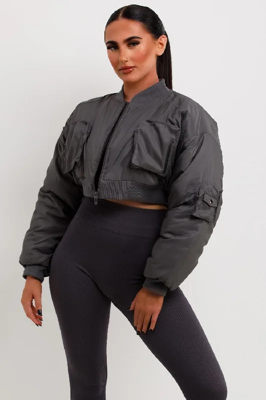 Crop Bomber Jacket With Pockets Grey