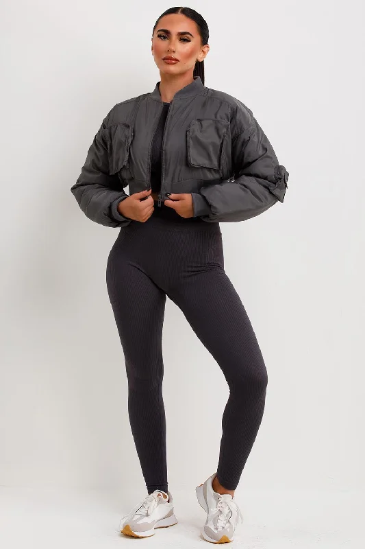 Crop Bomber Jacket With Pockets Grey