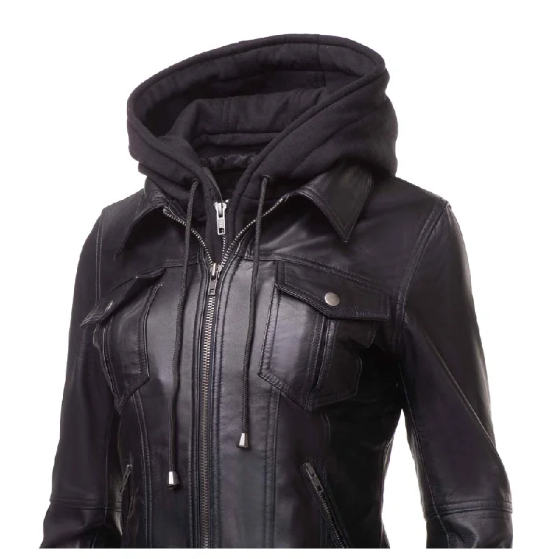 Daphne Black Leather Jacket With Fleece Hoodie