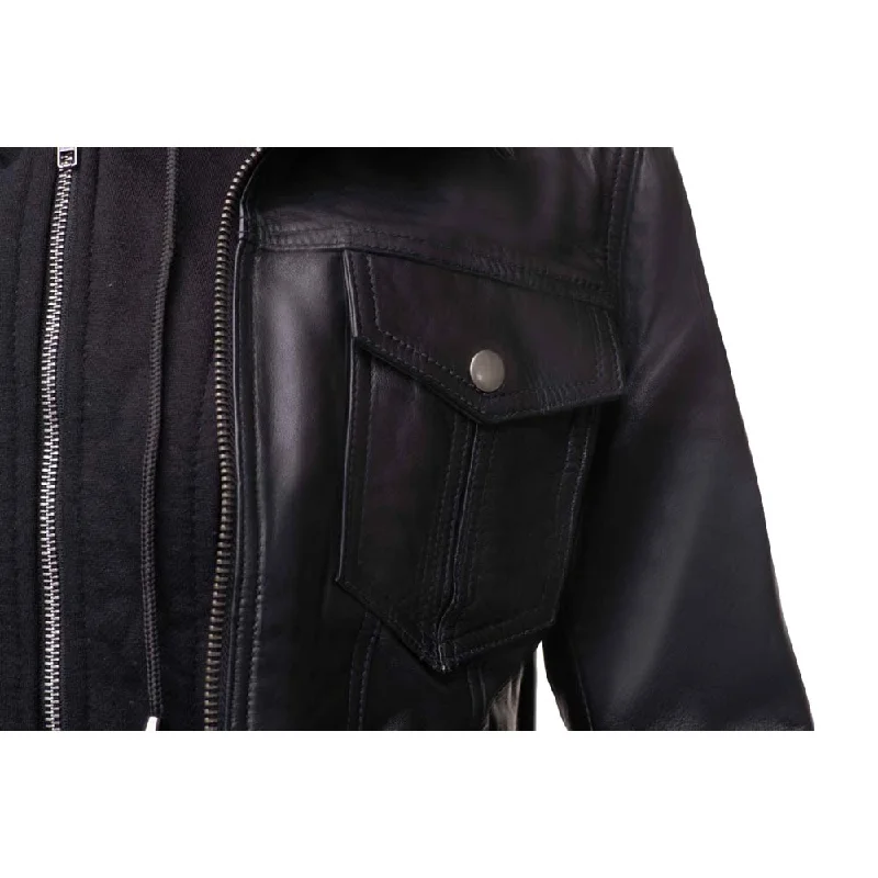 Daphne Black Leather Jacket With Fleece Hoodie