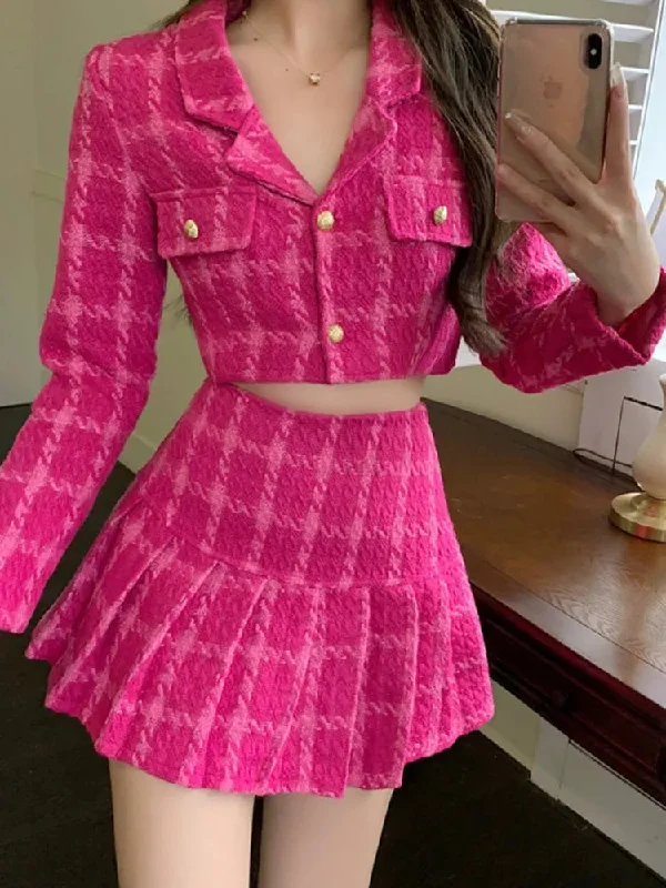 Getadme Fall Small Fragrance Vintage Tweed Two Piece Set Women Crop Top Woolen Short Jacket Coat + Mini Skirts Sets Sweet 2 Piece Suits