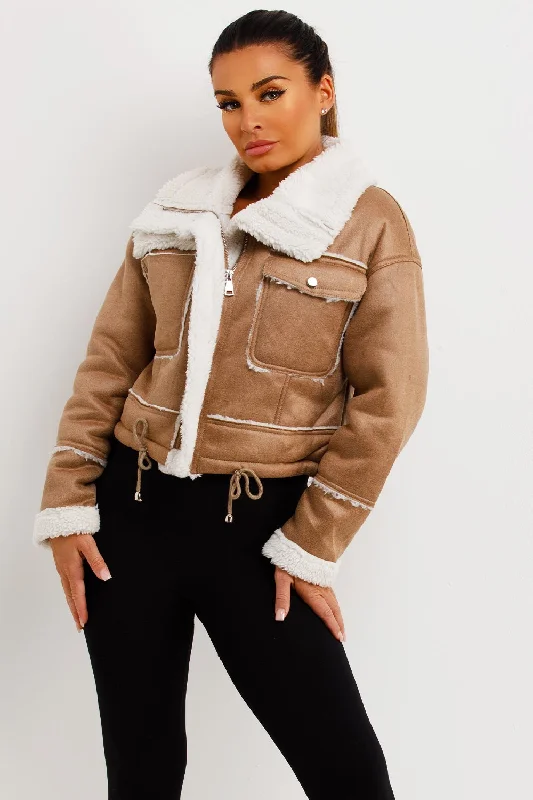 Faux Shearling Faux Leather Jacket Beige