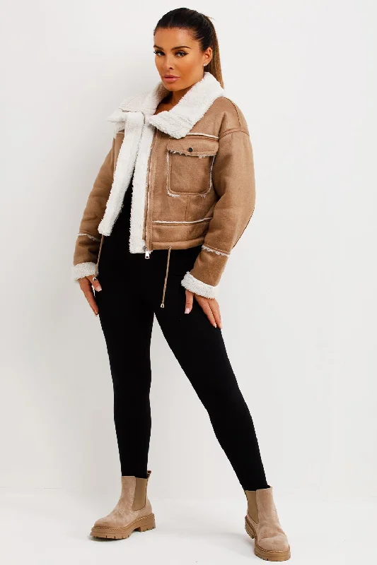 Faux Shearling Faux Leather Jacket Beige