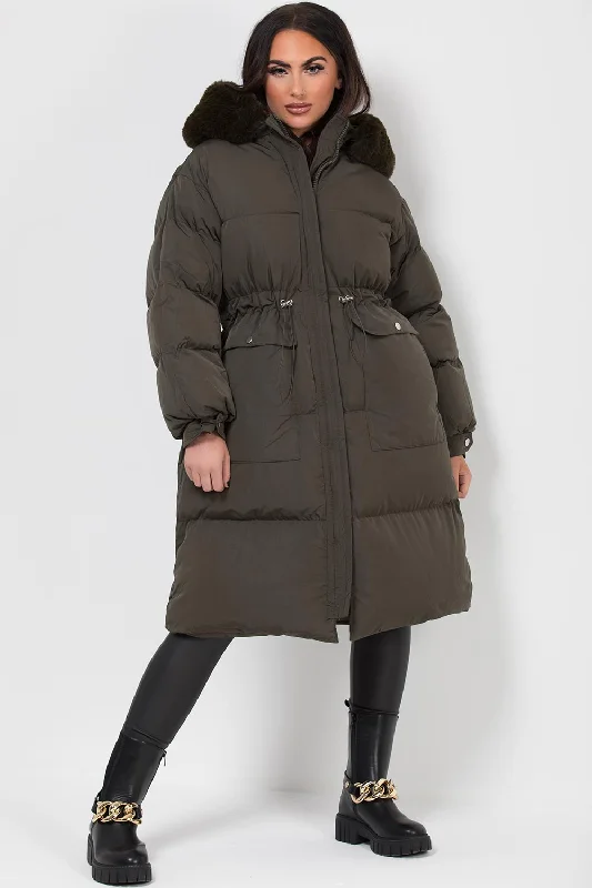 Long Puffer Coat With Faux Fur Hood And Drawstring Waist Khaki