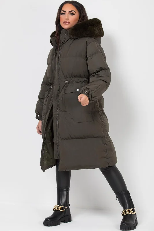 Long Puffer Coat With Faux Fur Hood And Drawstring Waist Khaki