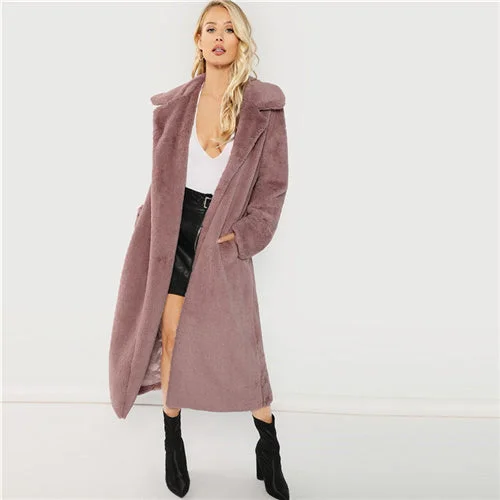 Pink Office Lady Elegant Open Front Longline Faux Fur