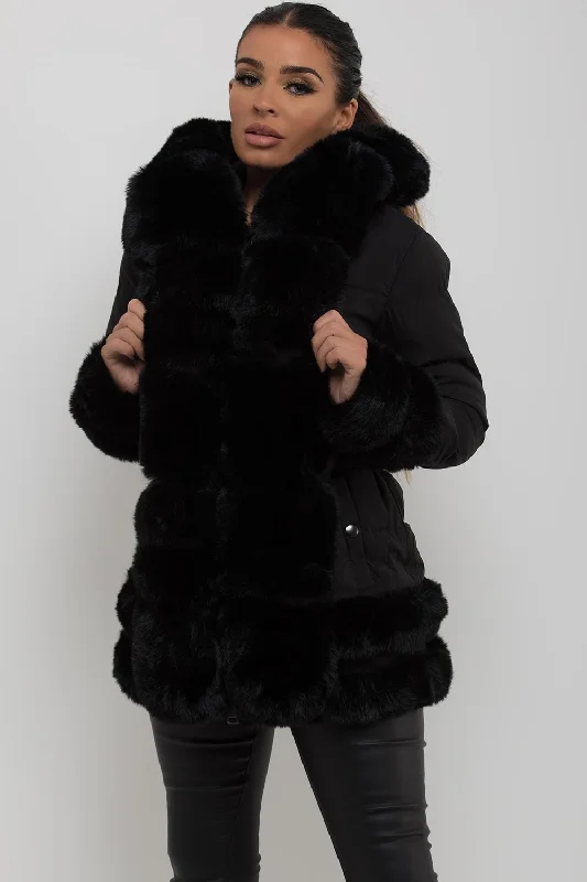 Puffer Jacket With Fur Hood Cuff And Trim Black