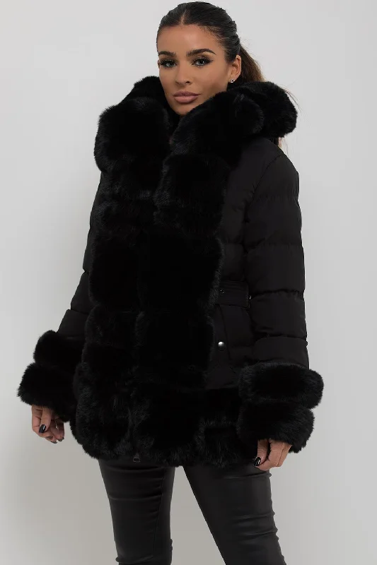 Puffer Jacket With Fur Hood Cuff And Trim Black