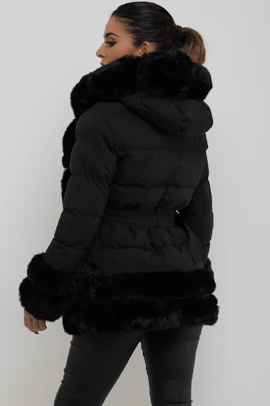 Puffer Jacket With Fur Hood Cuff And Trim Black