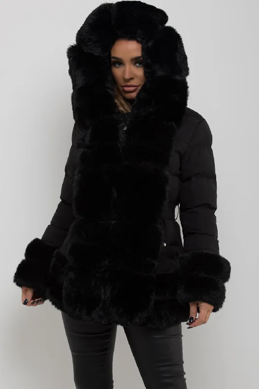 Puffer Jacket With Fur Hood Cuff And Trim Black