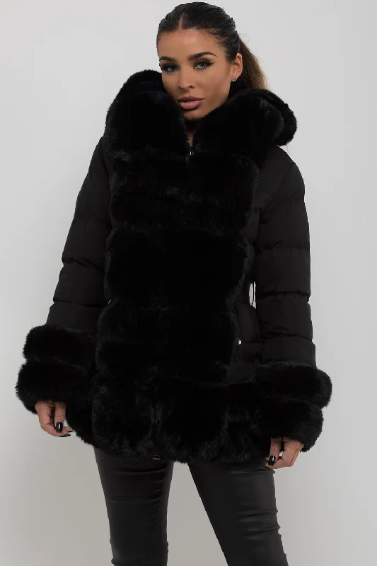 Puffer Jacket With Fur Hood Cuff And Trim Black