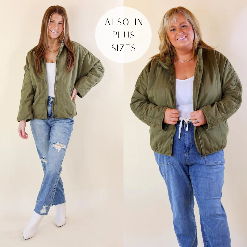 Park Slope Quilted Zip Up Jacket in Olive Green